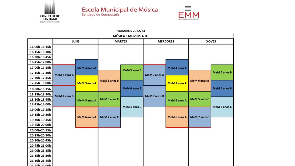 Horario de Música e Movemento para o curso 2022/23